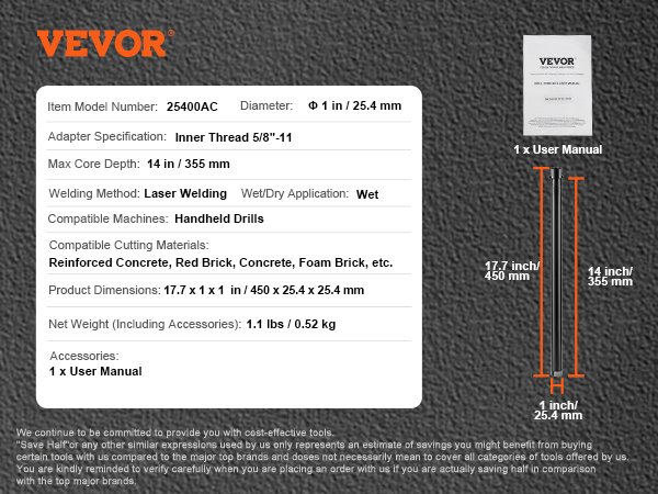 VEVOR wet diamond core drill bit specifications, dimensions, and user manual on a textured background.