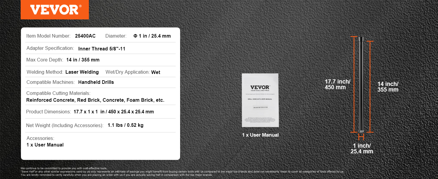 VEVOR wet diamond core drill bit specifications, dimensions, and user manual on a textured background.