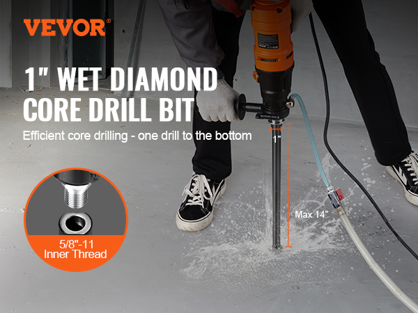 VEVOR wet diamond core drill bit demonstrates efficient concrete drilling with a max depth of 14 inches.