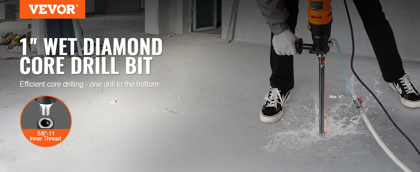 VEVOR wet diamond core drill bit demonstrates efficient concrete drilling with a max depth of 14 inches.