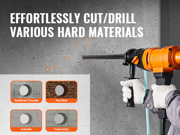 effortlessly drilling through reinforced concrete, red brick, concrete, and foam bricks with VEVOR wet diamond core drill bit.