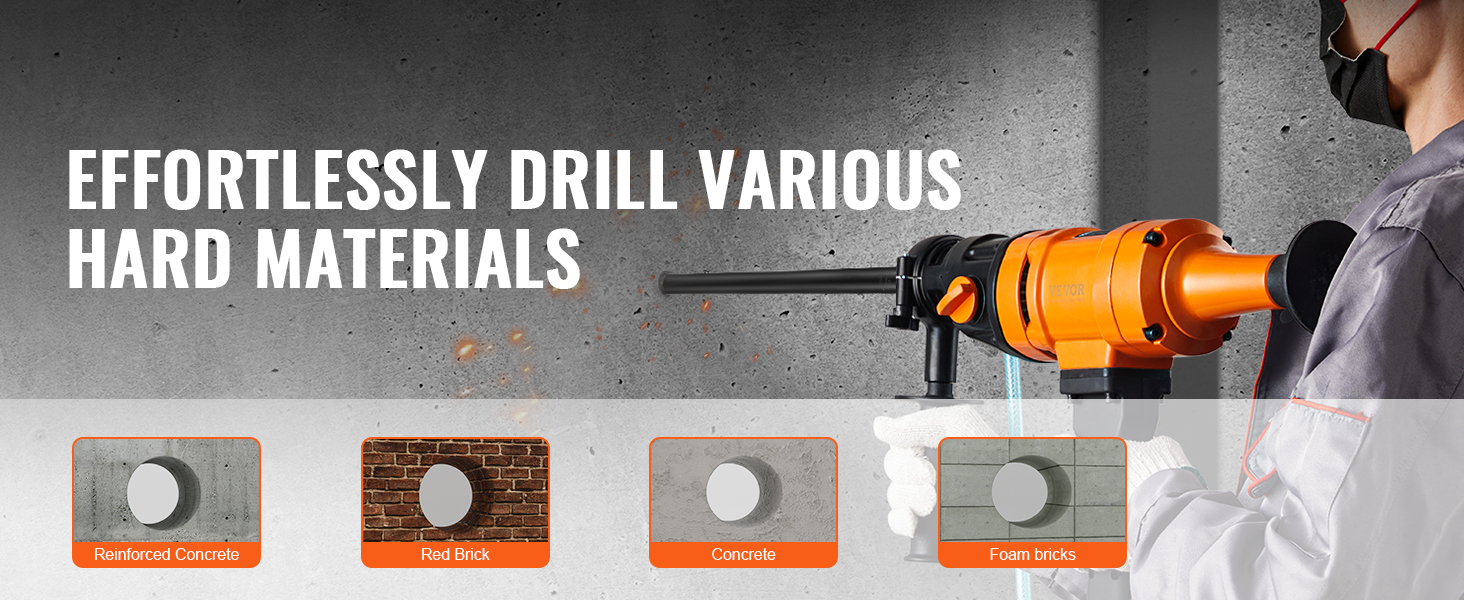effortlessly drilling through reinforced concrete, red brick, concrete, and foam bricks with VEVOR wet diamond core drill bit.