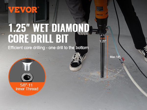 VEVOR diamond core drill bit 1.25", efficient wet core drilling, 5/8"-11 inner thread, max 14" depth.