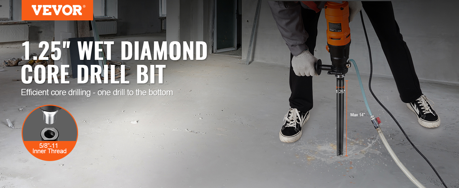 VEVOR diamond core drill bit 1.25", efficient wet core drilling, 5/8"-11 inner thread, max 14" depth.