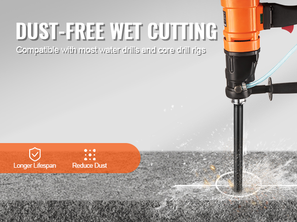 VEVOR diamond core drill bit performing dust-free wet cutting on concrete surface.