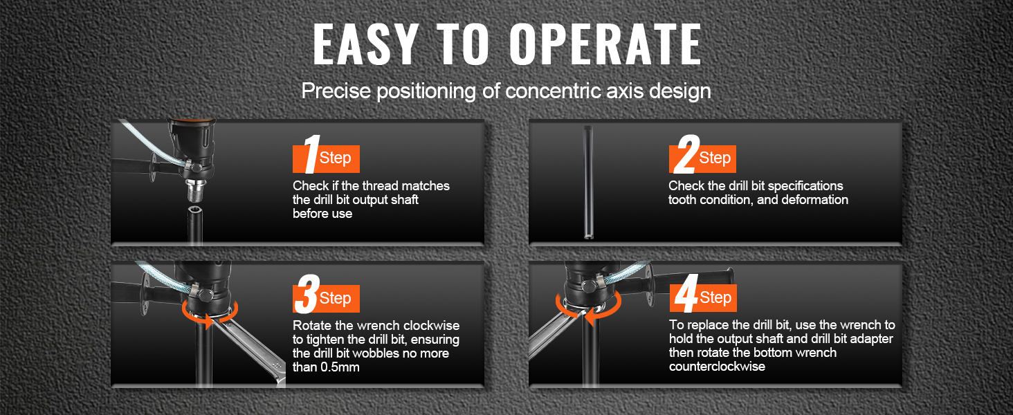 easy-to-operate VEVOR diamond core drill bit with 4-step setup process for precise axis positioning.