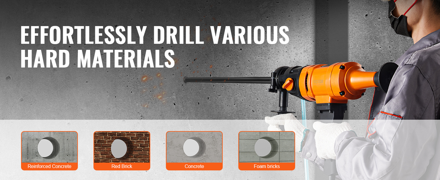 worker using VEVOR diamond core drill bit on concrete, highlighting reinforced concrete, red brick, and foam bricks.