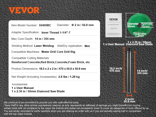 VEVOR diamond core drill bit details, including specifications, dimensions, and accessories on a black background.