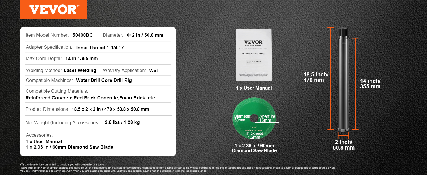 VEVOR diamond core drill bit details, including specifications, dimensions, and accessories on a black background.