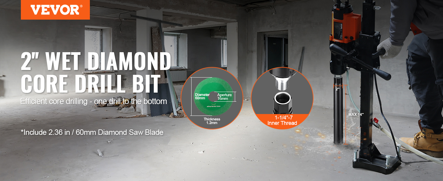 VEVOR diamond core drill bit in-use, showcasing specifications and efficient core drilling process.