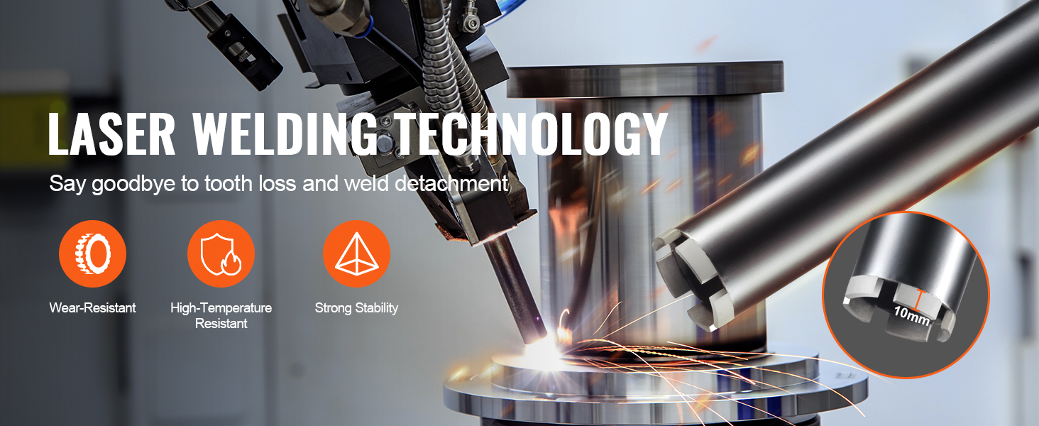 laser welding with VEVOR diamond core drill bit, showcasing wear resistance, high-temp resistance, stability.