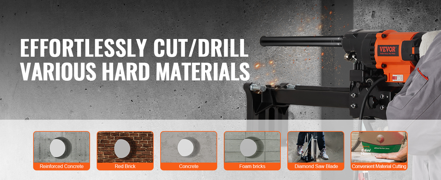 VEVOR diamond core drill bit effortlessly cuts concrete, brick, foam, reinforced concrete, and other materials.