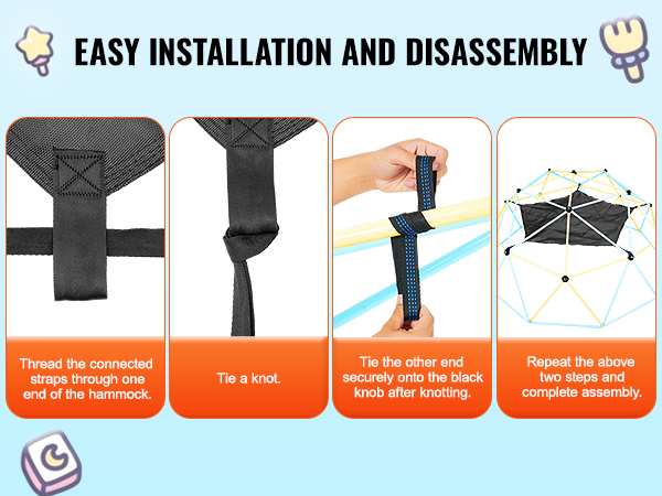 VEVOR dome climber hammock easy installation: thread straps, tie a knot, secure onto knob, complete setup.