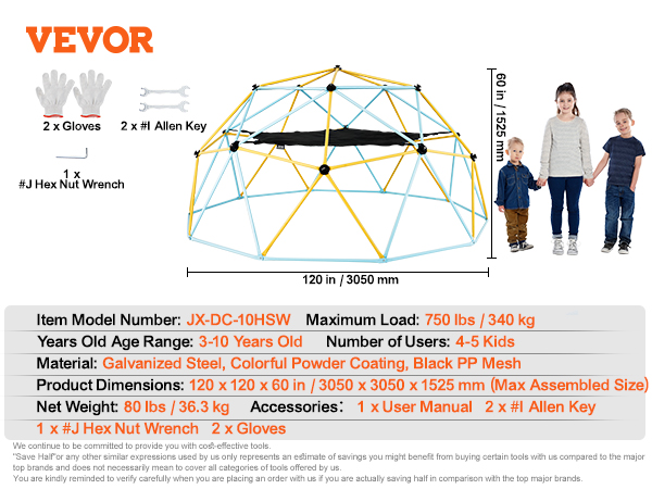 VEVOR climbing dome, 750 lbs max load, 4-5 kids, for ages 3-10, includes tools and gloves.