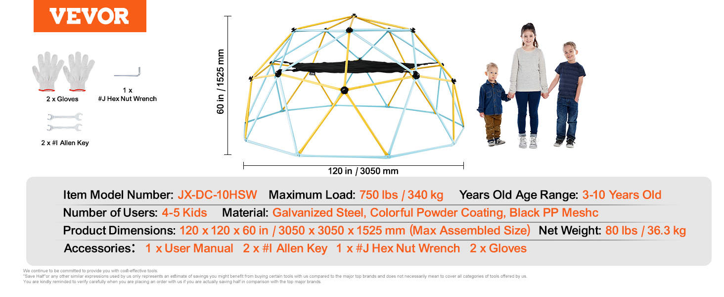 VEVOR climbing dome, 750 lbs max load, 4-5 kids, for ages 3-10, includes tools and gloves.