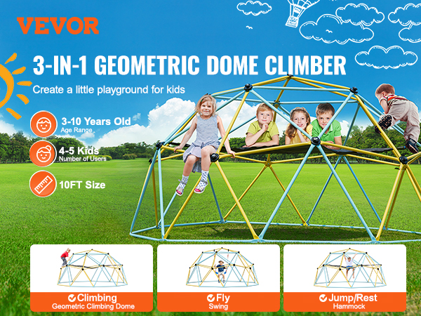 VEVOR climbing dome for kids, a 3-in-1 playground offering climbing, swinging, and resting activities.