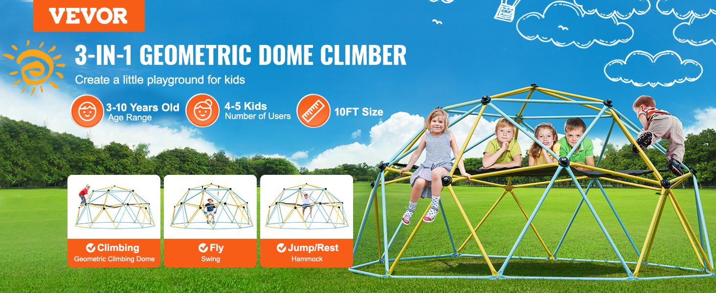 VEVOR climbing dome for kids, a 3-in-1 playground offering climbing, swinging, and resting activities.