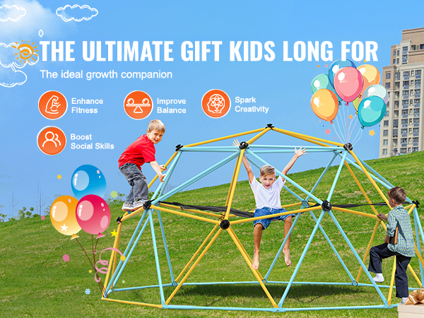 kids playing on a colorful VEVOR climbing dome in a park, enhancing fitness and creativity.