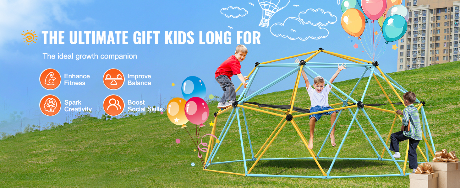 kids playing on a colorful VEVOR climbing dome in a park, enhancing fitness and creativity.