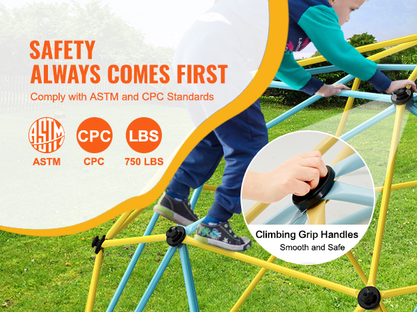 VEVOR climbing dome emphasizes safety with astm and cpc compliance, featuring smooth climbing grip handles.