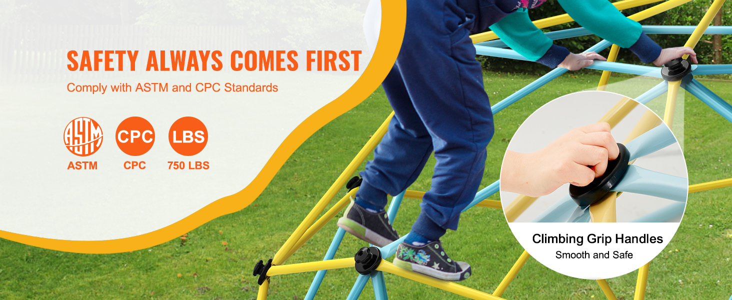 VEVOR climbing dome emphasizes safety with astm and cpc compliance, featuring smooth climbing grip handles.