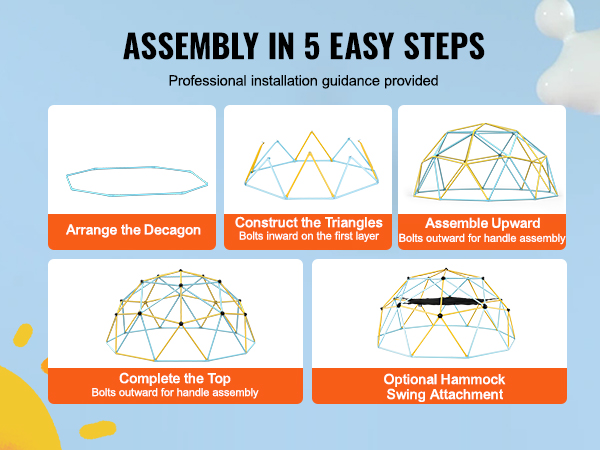VEVOR climbing dome assembly steps: arrange decagon, construct triangles, assemble upward, complete top, optional hammock.