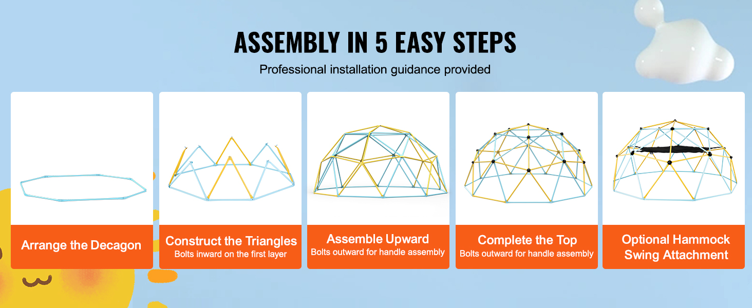 VEVOR climbing dome assembly steps: arrange decagon, construct triangles, assemble upward, complete top, optional hammock.