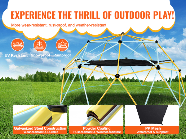 VEVOR climbing dome with galvanized steel, powder coating, and pp mesh for outdoor play.
