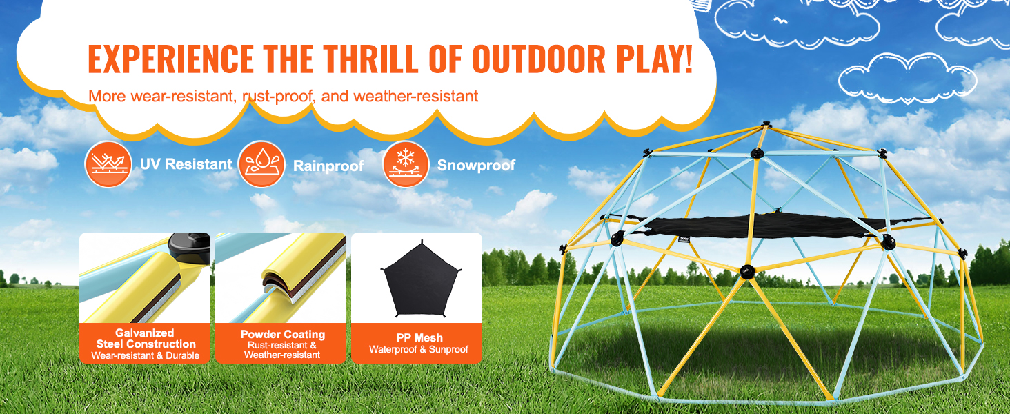 VEVOR climbing dome with galvanized steel, powder coating, and pp mesh for outdoor play.