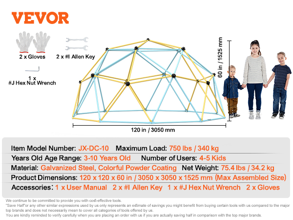 VEVOR climbing dome for 3-10 year olds, holds 4-5 kids, galvanized steel with colorful coating.