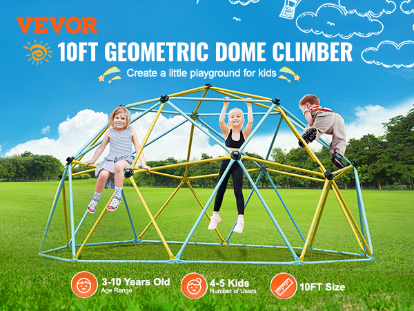 VEVOR climbing dome 10ft geometric structure for kids aged 3-10 in a park with blue skies and clouds.