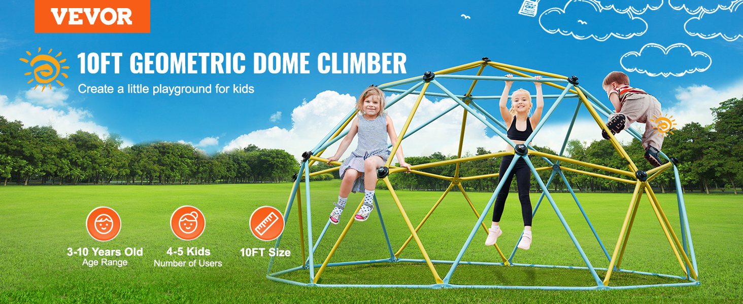 VEVOR climbing dome 10ft geometric structure for kids aged 3-10 in a park with blue skies and clouds.