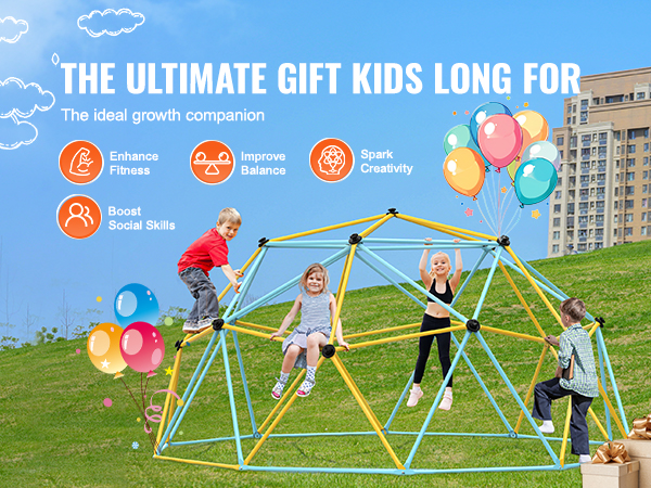 kids climbing and playing on a VEVOR climbing dome outdoors, highlighting fitness and creativity benefits.