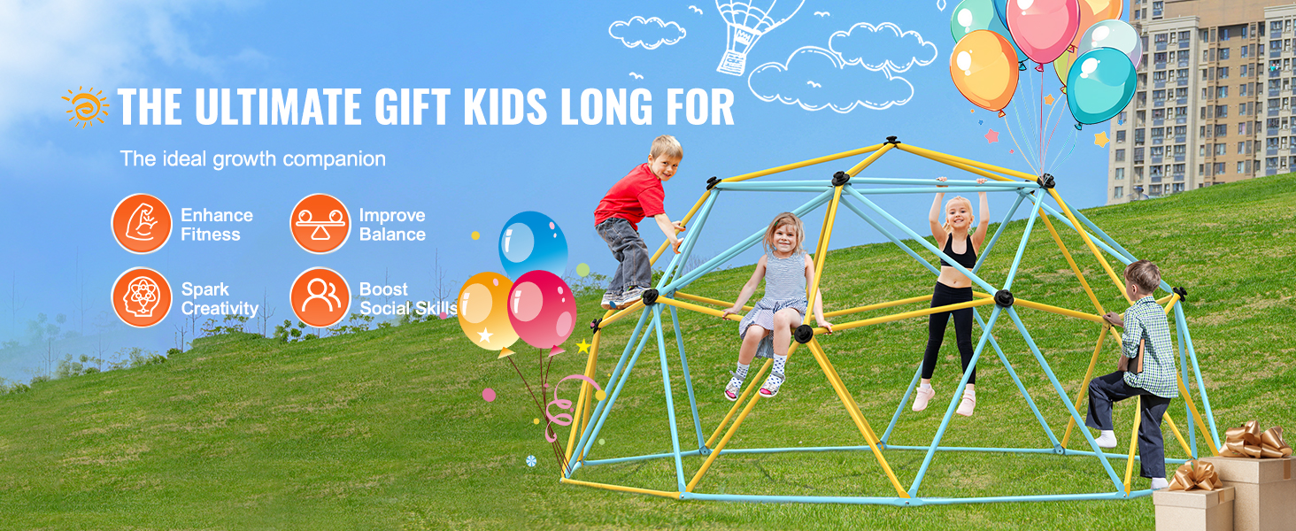kids climbing and playing on a VEVOR climbing dome outdoors, highlighting fitness and creativity benefits.