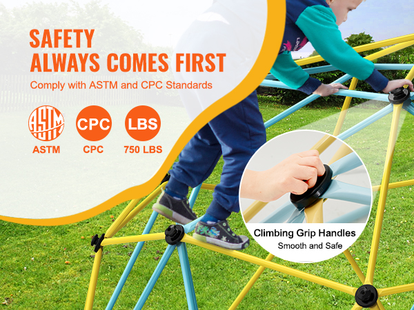 child climbing on a VEVOR climbing dome with safety handles; complies with astm and cpc standards.