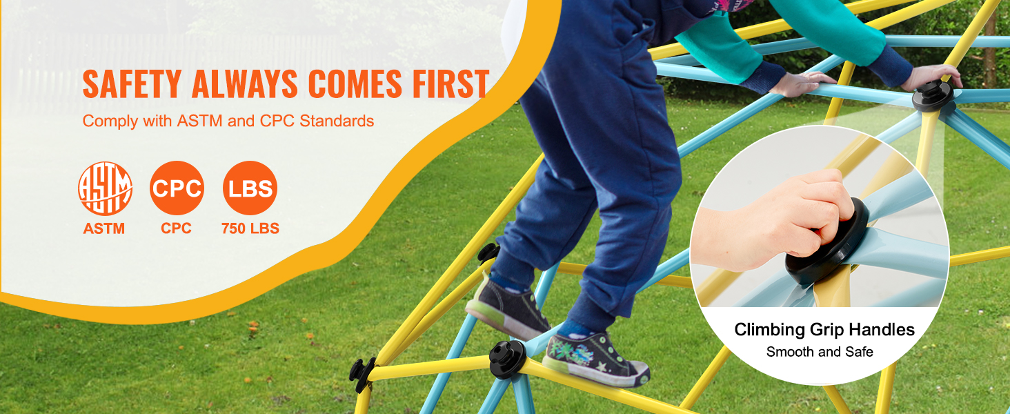 child climbing on a VEVOR climbing dome with safety handles; complies with astm and cpc standards.