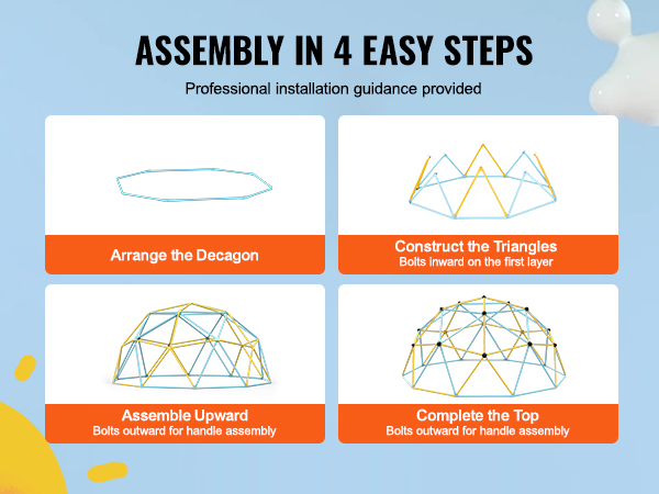 assembly steps for VEVOR climbing dome: arrange the decagon, construct triangles, assemble upward, complete the top.