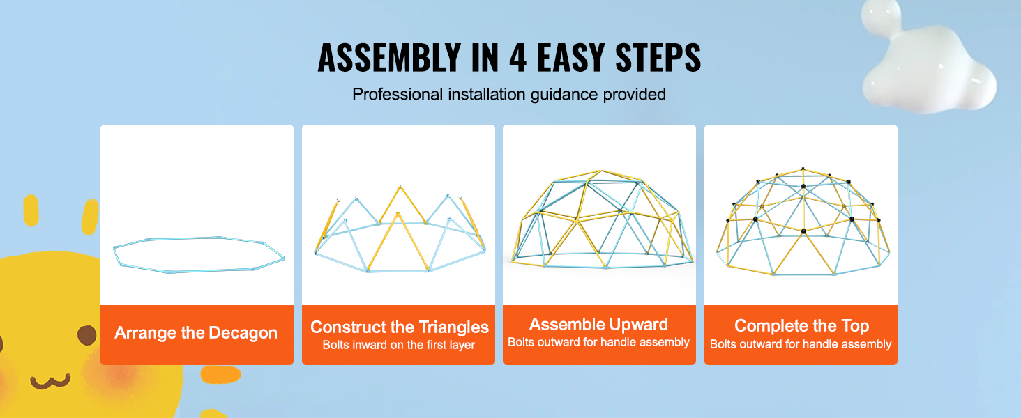 assembly steps for VEVOR climbing dome: arrange the decagon, construct triangles, assemble upward, complete the top.