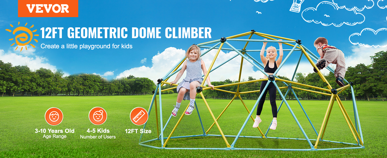 VEVOR climbing dome in a park with kids playing on a 12ft geometric structure, blue sky, and green grass.