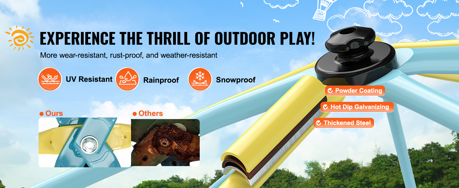 VEVOR climbing dome: uv resistant, rainproof, snowproof, wear-resistant, rust-proof, and weather-resistant.