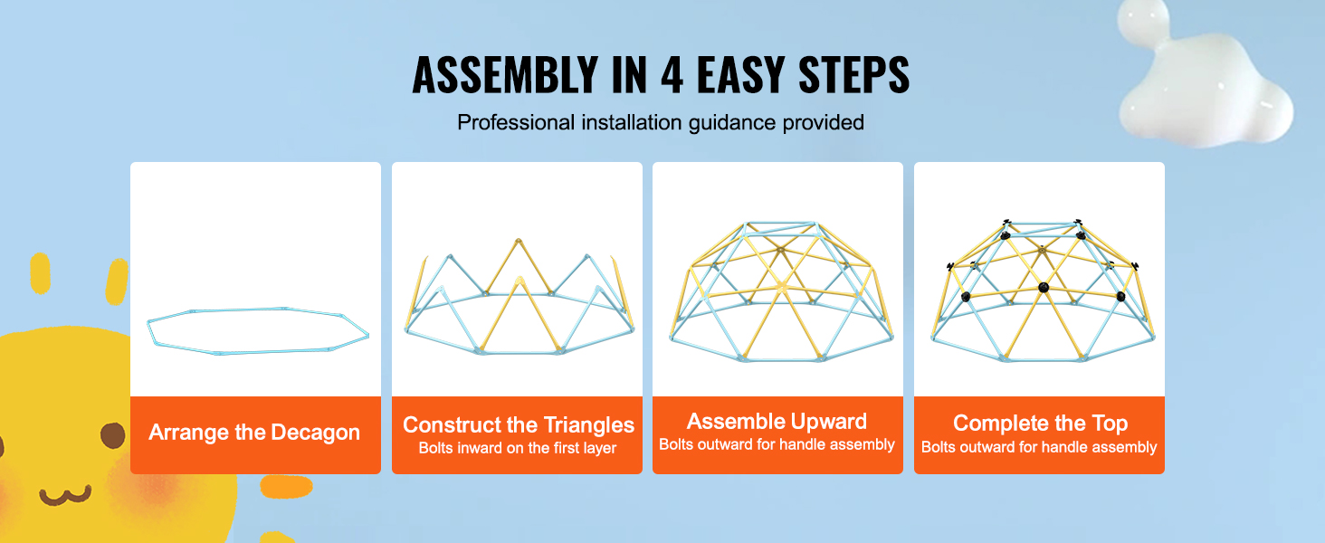 VEVOR climbing dome assembly steps: arrange decagon, construct triangles, assemble upward, complete top.