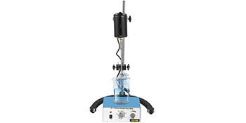 laboratory setup with VEVOR electric overhead stirrer mixing liquid in a beaker.