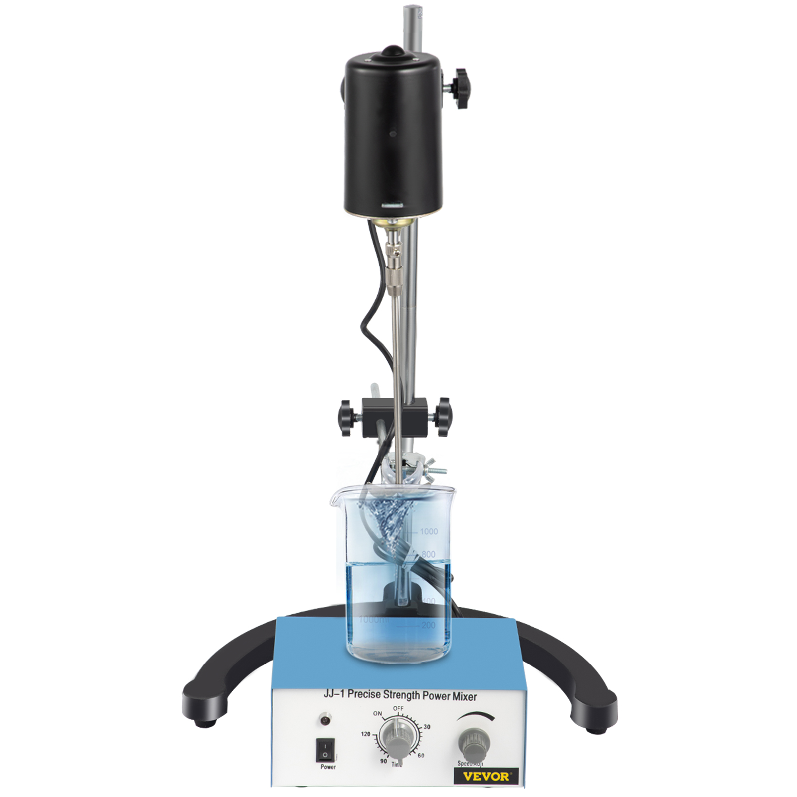 VEVOR electric overhead stirrer blending blue liquid in a laboratory beaker.