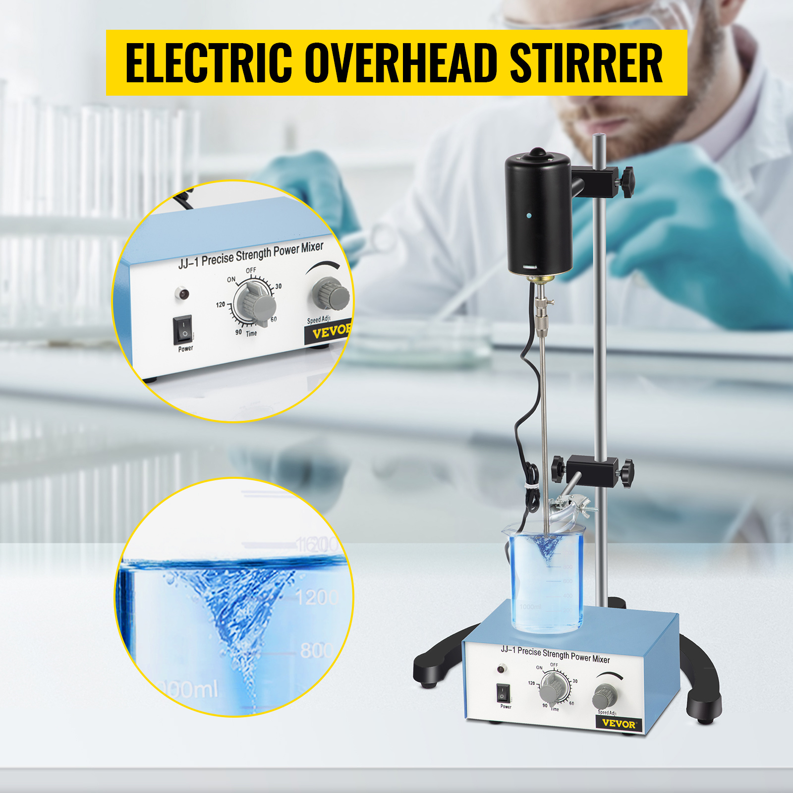 VEVOR electric overhead stirrer in lab, precise control, blue liquid mixing in beaker.
