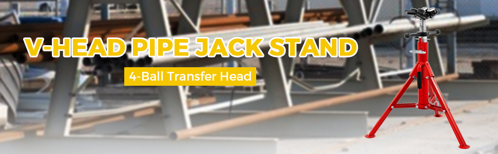 red VEVOR pipe jack stand with v-head in an industrial workspace setting.