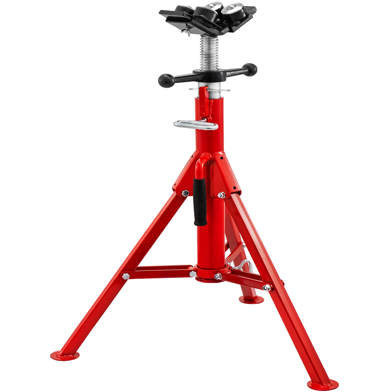 red VEVOR pipe jack stand with adjustable height and support arms.