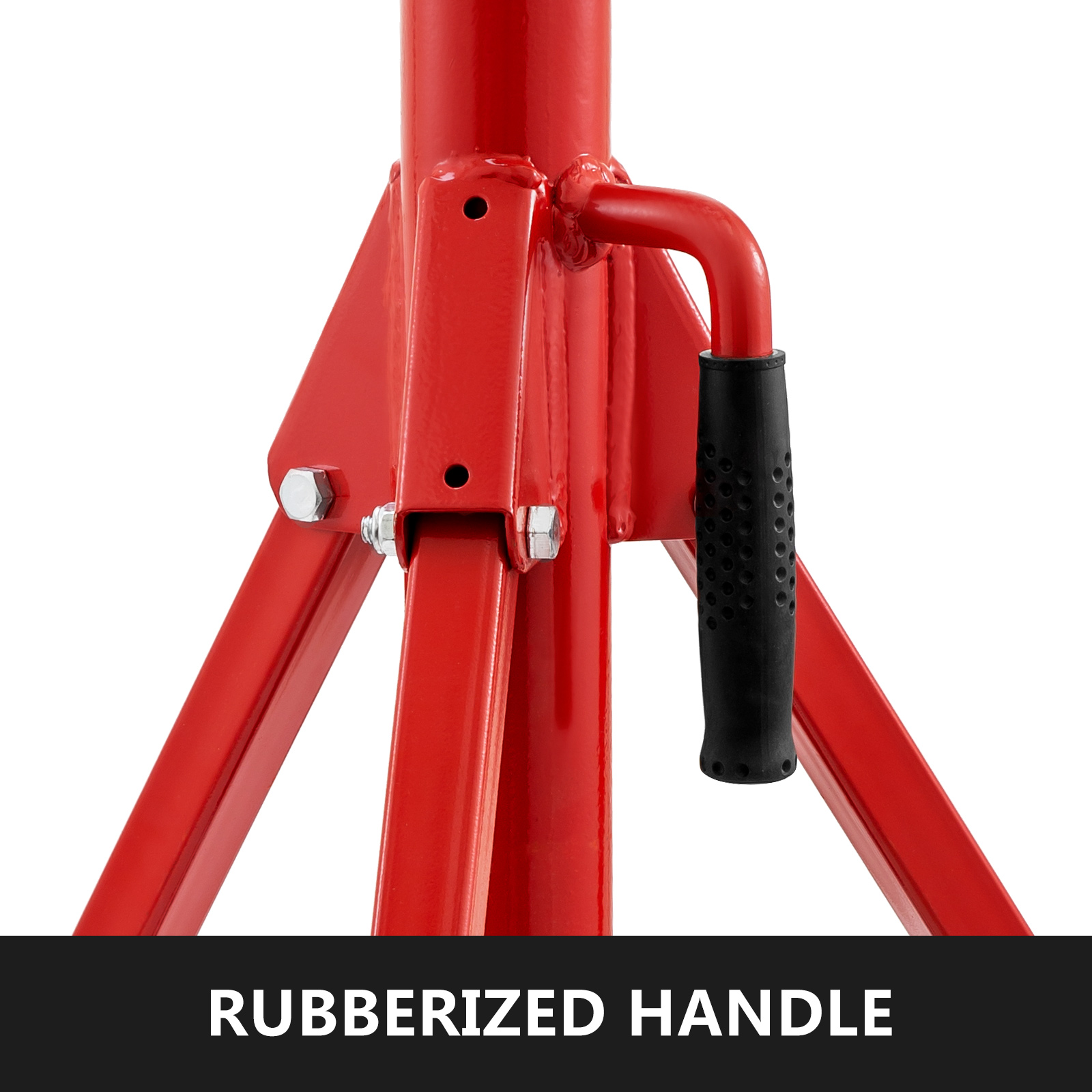 red VEVOR pipe jack stand with rubberized handle and sturdy bolts.