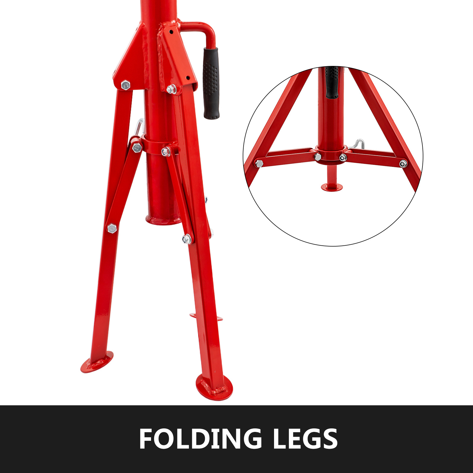red VEVOR pipe jack stand with folding legs and black grip handle.
