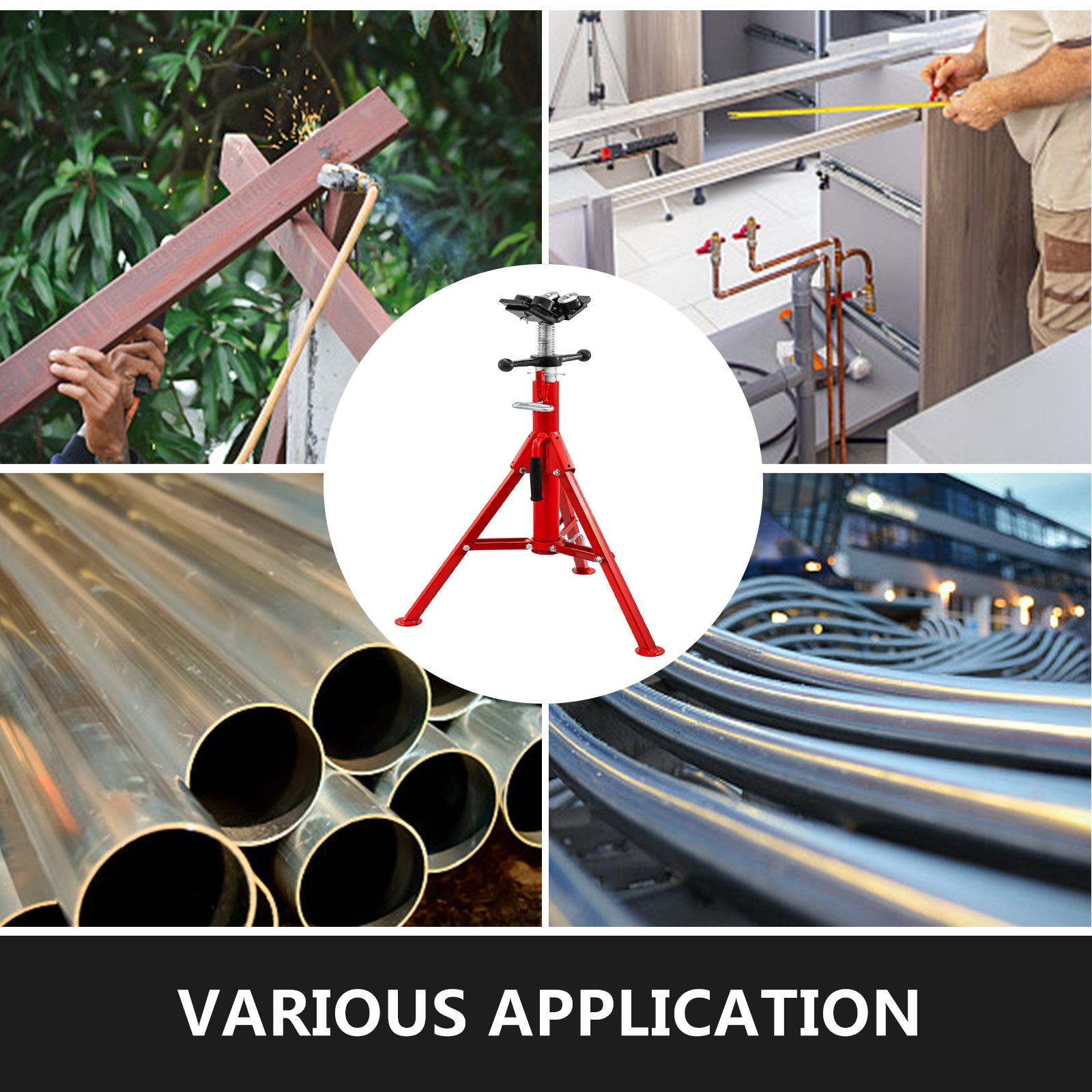 VEVOR pipe jack stand showcasing various applications in welding, piping, and construction.