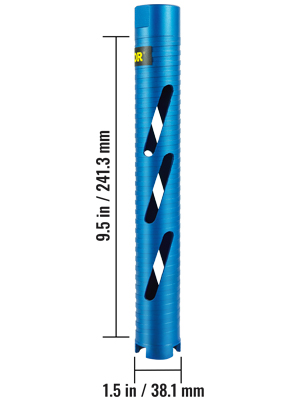 blue VEVOR dry core drill bit, 9.5 in height, 1.5 in diameter, with angled cooling slots.